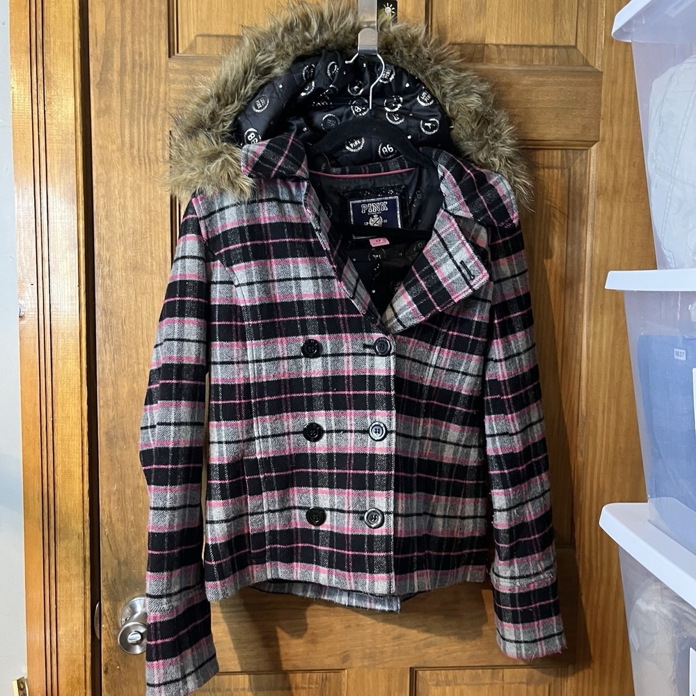 PINK Victoria's Secret Plaid Wool Hooded Pea Coat Faux Fur Trim Gray Pink S